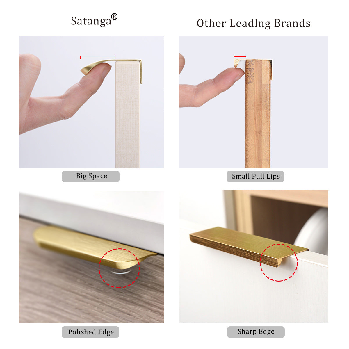 Satanga 5Pack Edge Finger Tab Pull for Cabinets Kitchen Concealed Aluminum Flat Hidden Bar Pulls Drawer Pulls Easy to Install 11.81inch 300mm Overall Length Brushed Brass