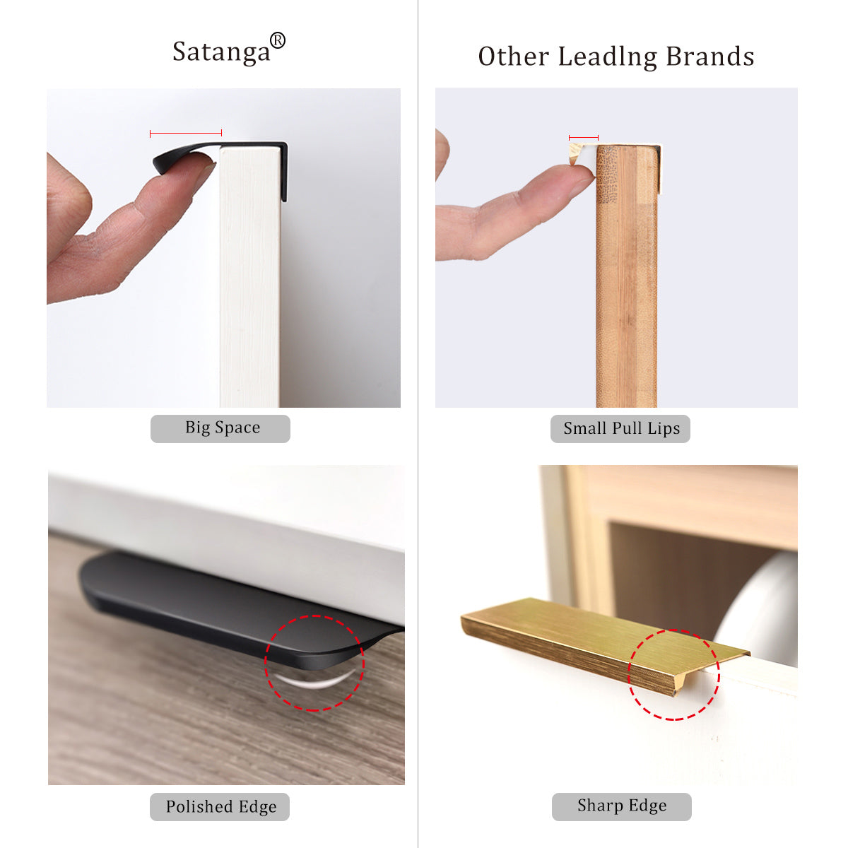 Satanga 5Pack Edge Finger Tab Pull for Cabinets Kitchen Concealed Aluminum Flat Hidden Bar Pulls Drawer Pulls Easy to Install 3.15inch 80mm Overall Length Matte Black