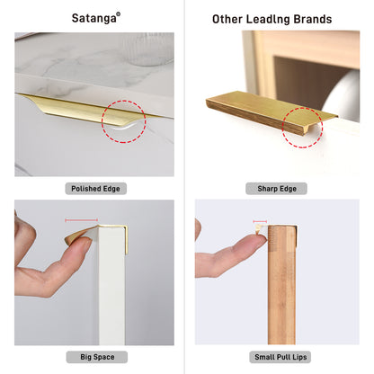 Edge Finger Pulls for Cabinet Kitchen Drawer knobs Low Profile Door Dresser Bathroom Long Cupboard Furniture Handles Aluminum 6 Pack Brushed Brass 3-3/4in(96mm)Hole Center Easy Installation