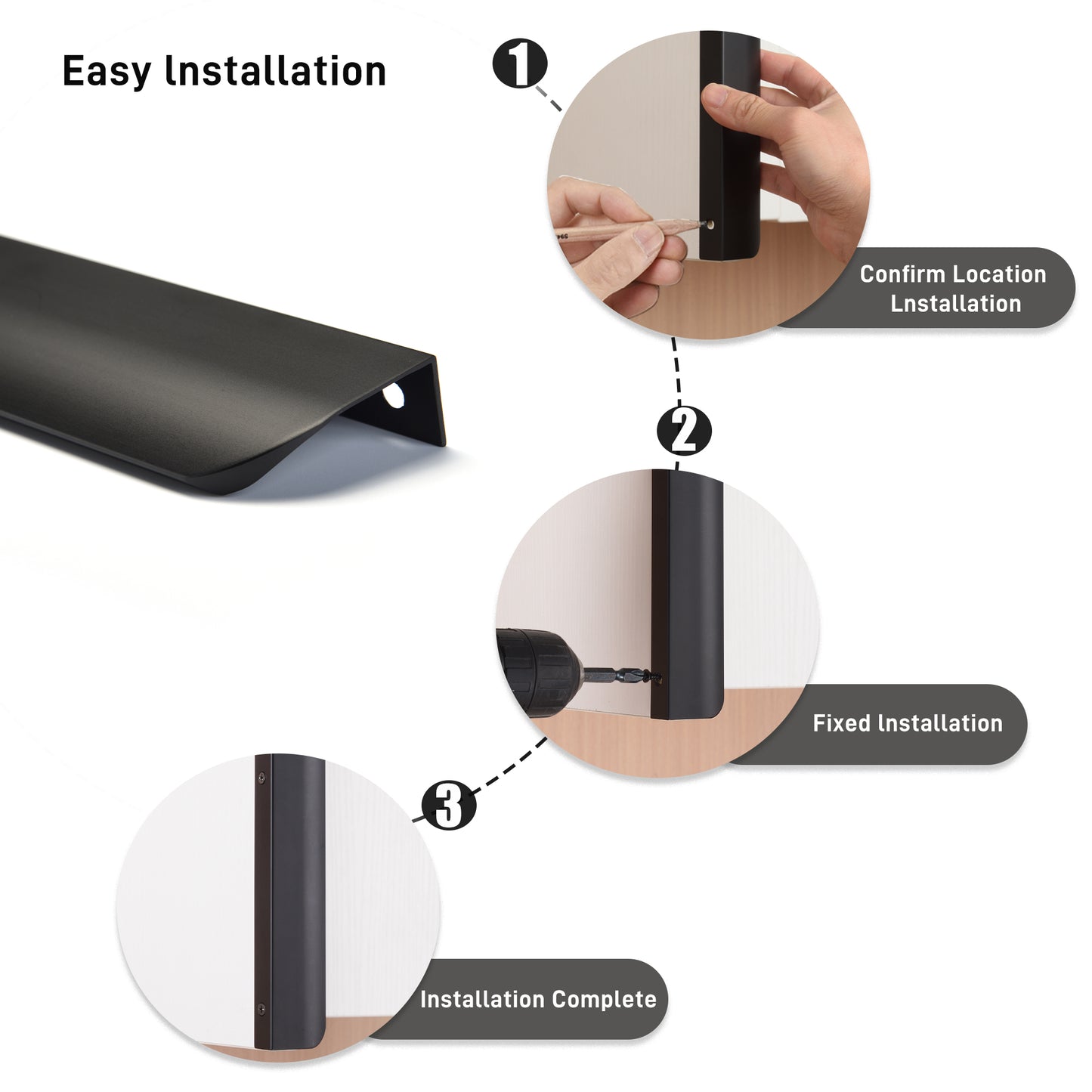 Satanga 5Pack Edge Finger Tab Pull for Cabinets Kitchen Concealed Aluminum Flat Hidden Bar Pulls Drawer Pulls Easy to Install 17.87inch 500mm Overall Length Matte Black