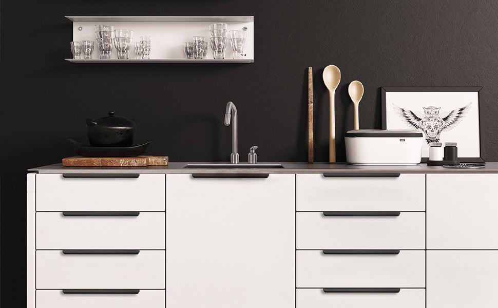 Satanga 5Pack Edge Finger Tab Pull for Cabinets Kitchen Concealed Aluminum Flat Hidden Bar Pulls Drawer Pulls Easy to Install 11.81inch 300mm Overall Length Matte Black