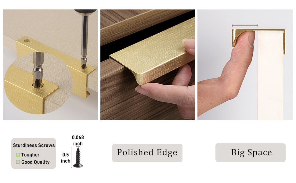 Satanga 5Pack Edge Finger Tab Pull for Cabinets Kitchen Concealed Aluminum Flat Hidden Bar Pulls Drawer Pulls Easy to Install 3.15inch 80mm Overall Length Brushed Brass