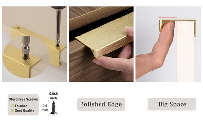Satanga 5Pack Edge Finger Tab Pull for Cabinets Kitchen Concealed Aluminum Flat Hidden Bar Pulls Drawer Pulls Easy to Install 3.15inch 80mm Overall Length Brushed Brass